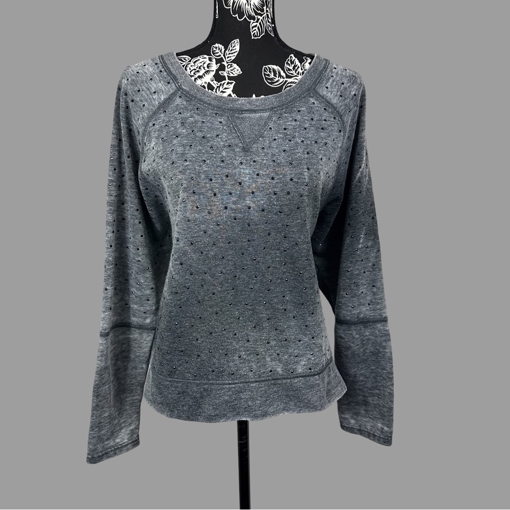 Women’s DKNY Raglan Style Long Sleeve Sweater in Dark Gray w/ Black Rhinestones